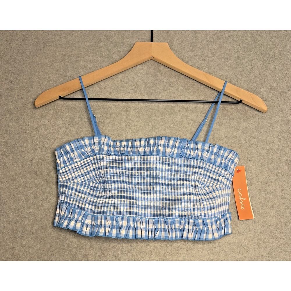 Colsie Blue Gingham Smocked Crop Top with Ruffle Trim - Women's M